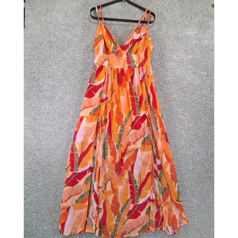 SHEIN Maxi Dress Womens Large 8/10 Orange Tropical Leaf SXY Boho Vacation